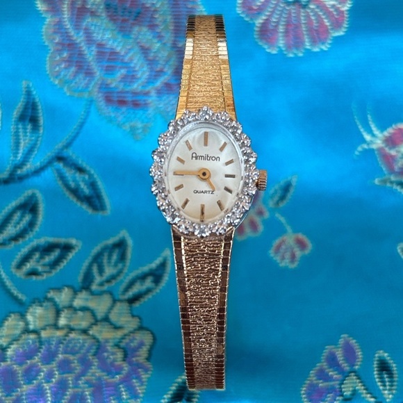 Vintage Armitron Gold Tone Oval Diamond Bezel Quartz Watch Dainty Cocktail 80s main image 13